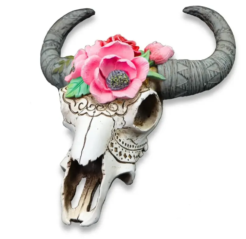 Polyresin Ram skull with pink flowers wall decoration sculpture