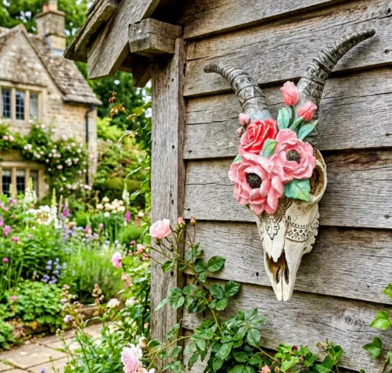 Goat skull with flowers